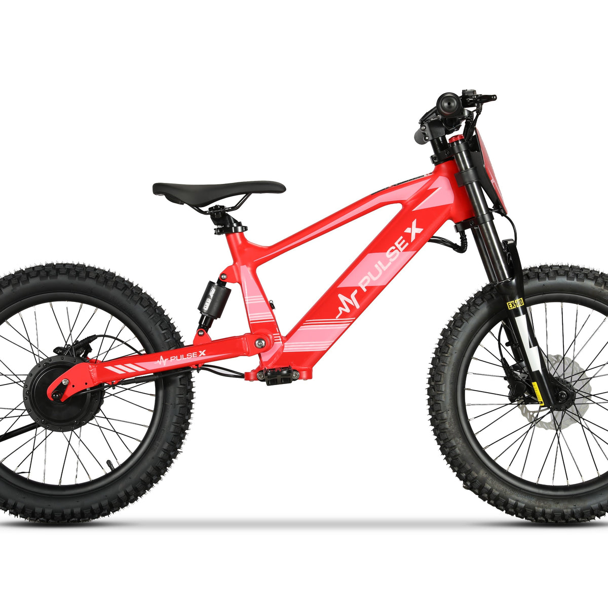 A red and black electric fat tire bike with a suspension fork and rear shock, shown from a side profile on a white background.