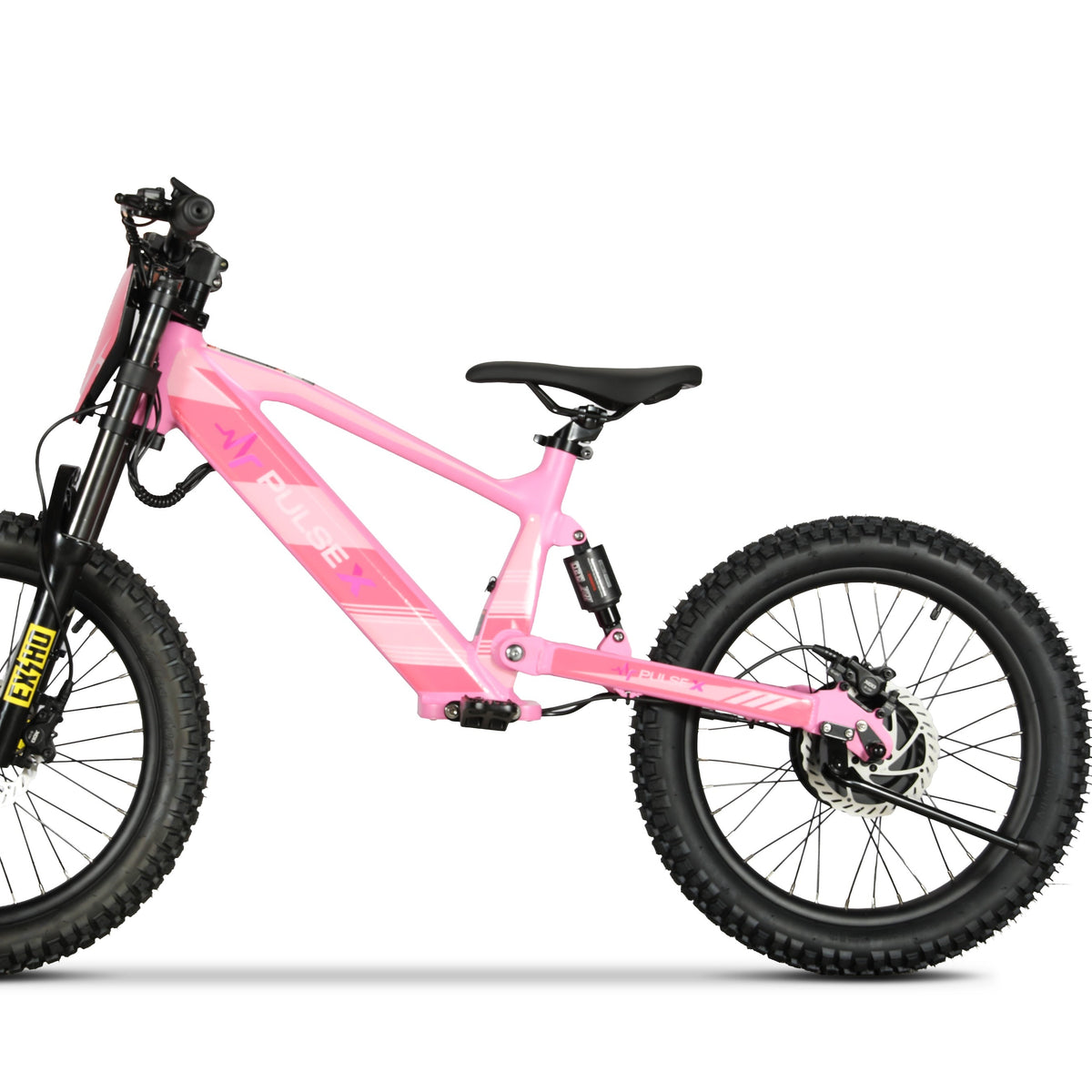 A pink full-suspension electric mountain bike with black tires, a black saddle, and a black front fork, shown from a side profile on a white background.