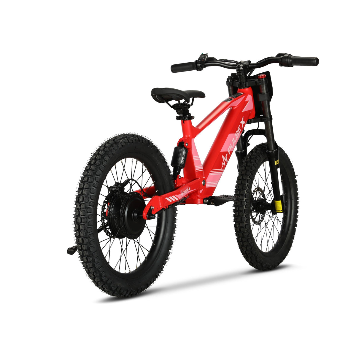 A red and black electric fat tire bike with a front suspension fork, rear shock, and a battery mounted on the frame, shown from a three-quarters angle on a white background.