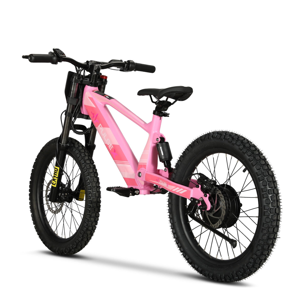 A pink electric mountain bike with black components, shown from a three-quarters rear angle on a white background.
