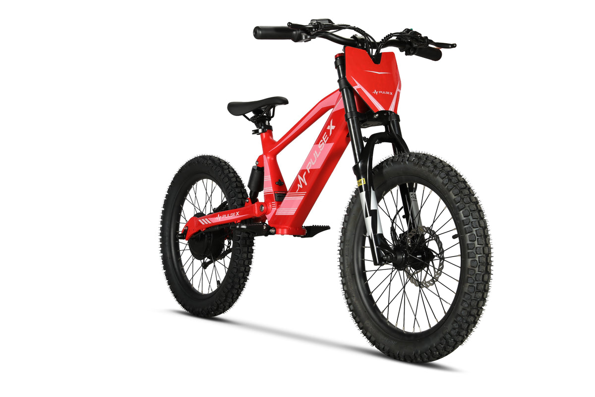 A red and black MAX-X electric fat tire bike shown from a three-quarter front angle on a clean white background.