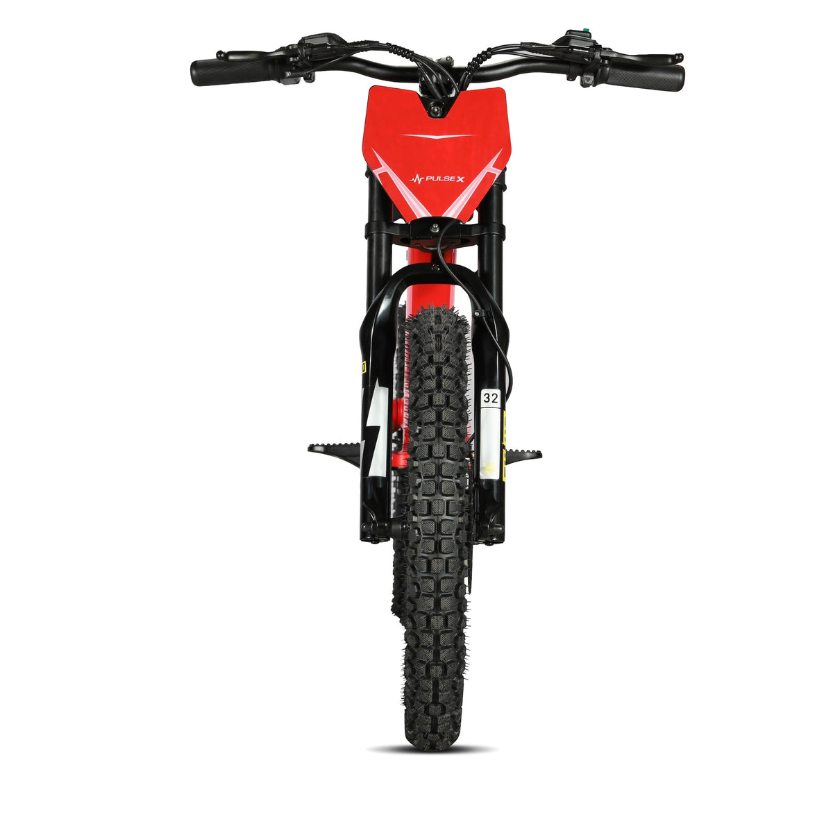 Front view of a red and black electric dirt bike with knobby tires, shown on a solid white background.
