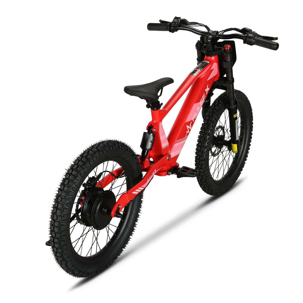 A red electric mountain bike with black tires, handlebars, and seat, shown from a three-quarters rear angle on a clean white background.