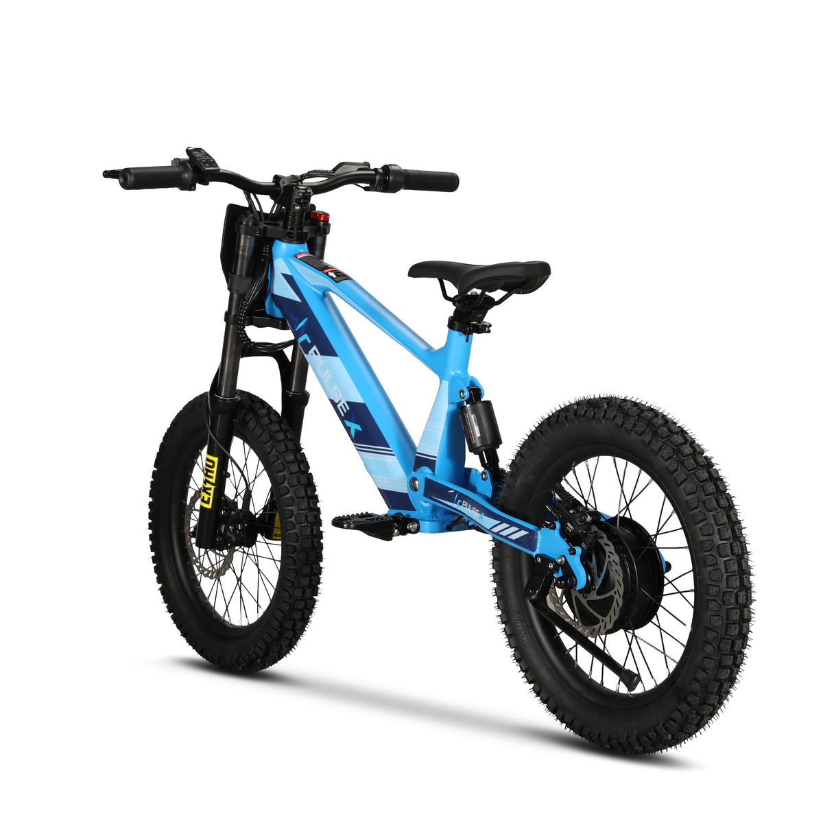 A blue and black full-suspension electric mountain bike with knobby tires, shown from a three-quarters angle on a white background.