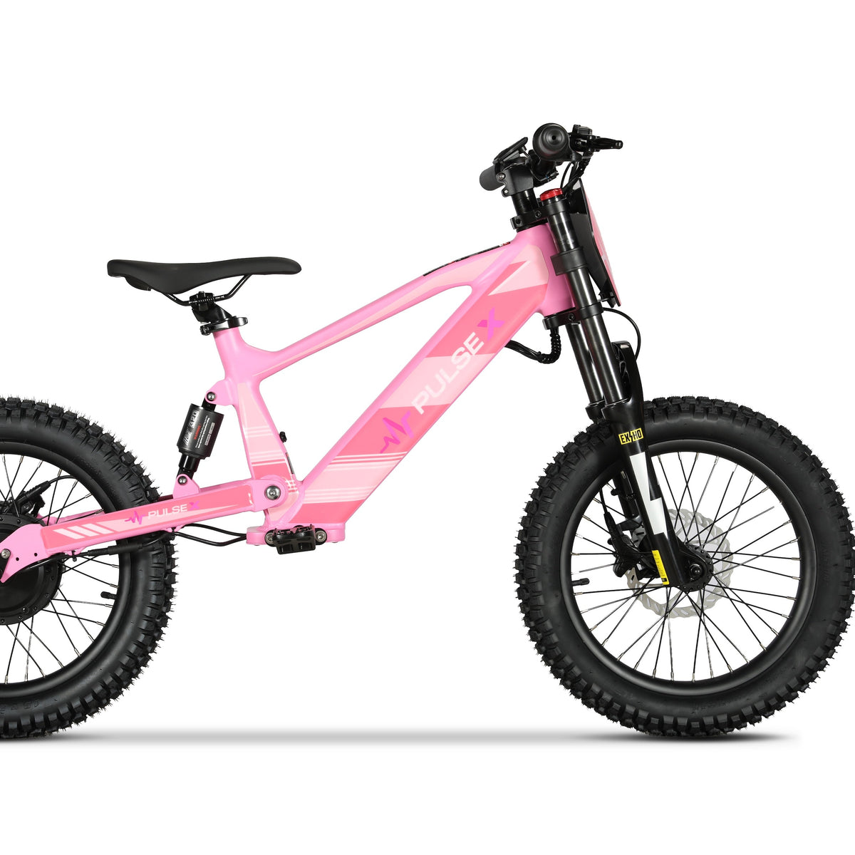 A pink electric children's mountain bike with black fat tires, a black saddle, and a black front fork, shown from a side profile on a white background.