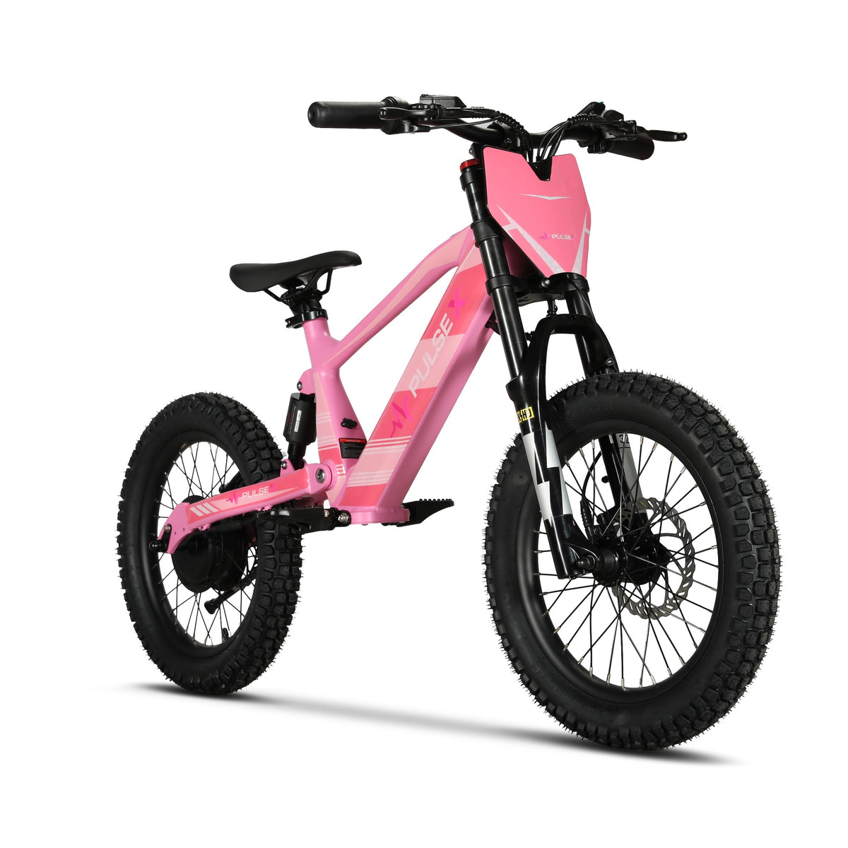 A pink and black electric kids' mountain bike with knobby tires, a suspension fork, and a step-through frame, shown on a plain white background.