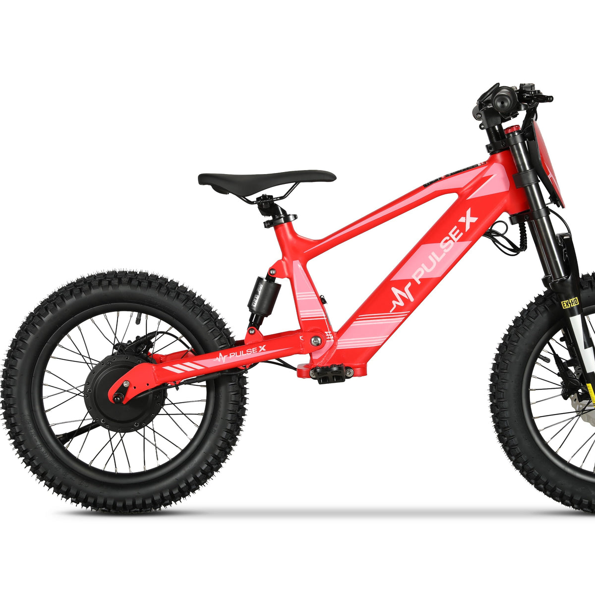 A red and black electric balance bike with fat tires, shown from a side profile view against a plain white background.