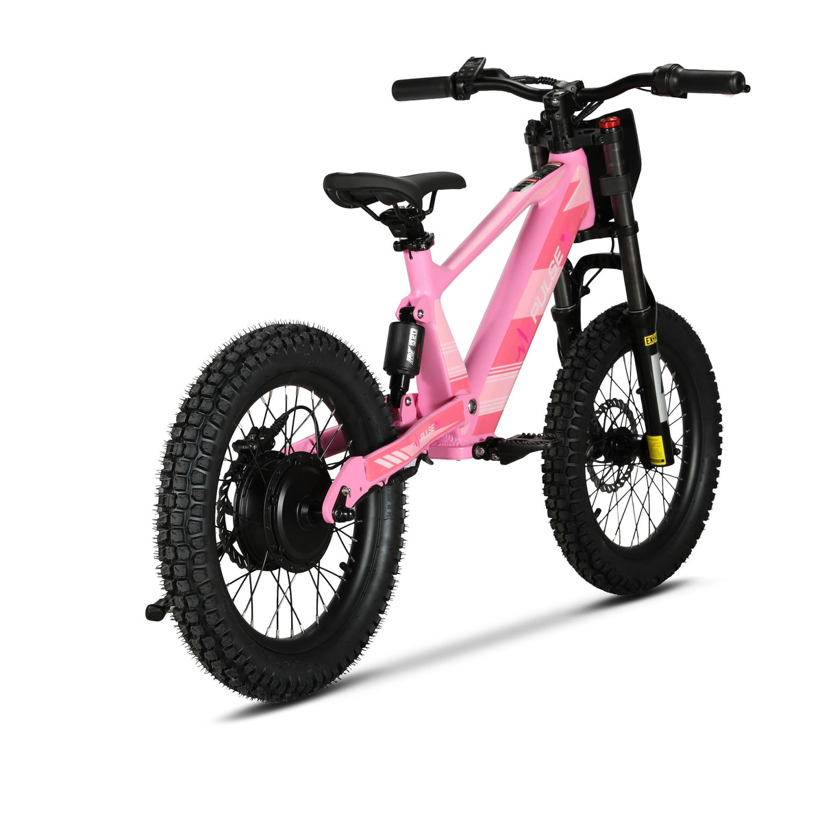A pink and black electric children's mountain bike with fat tires, shown from a three-quarters rear angle on a white background.