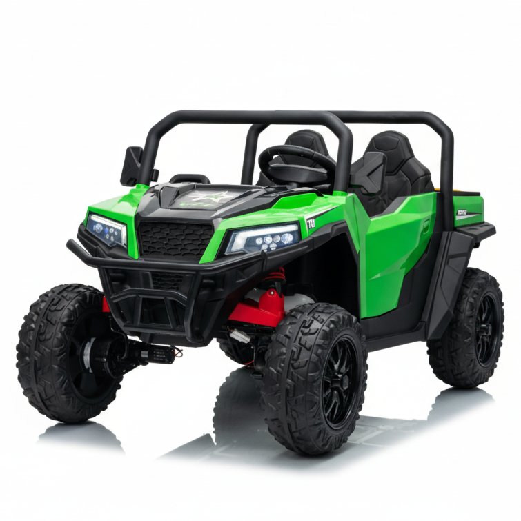 Green and black toy off-road vehicle on a white background