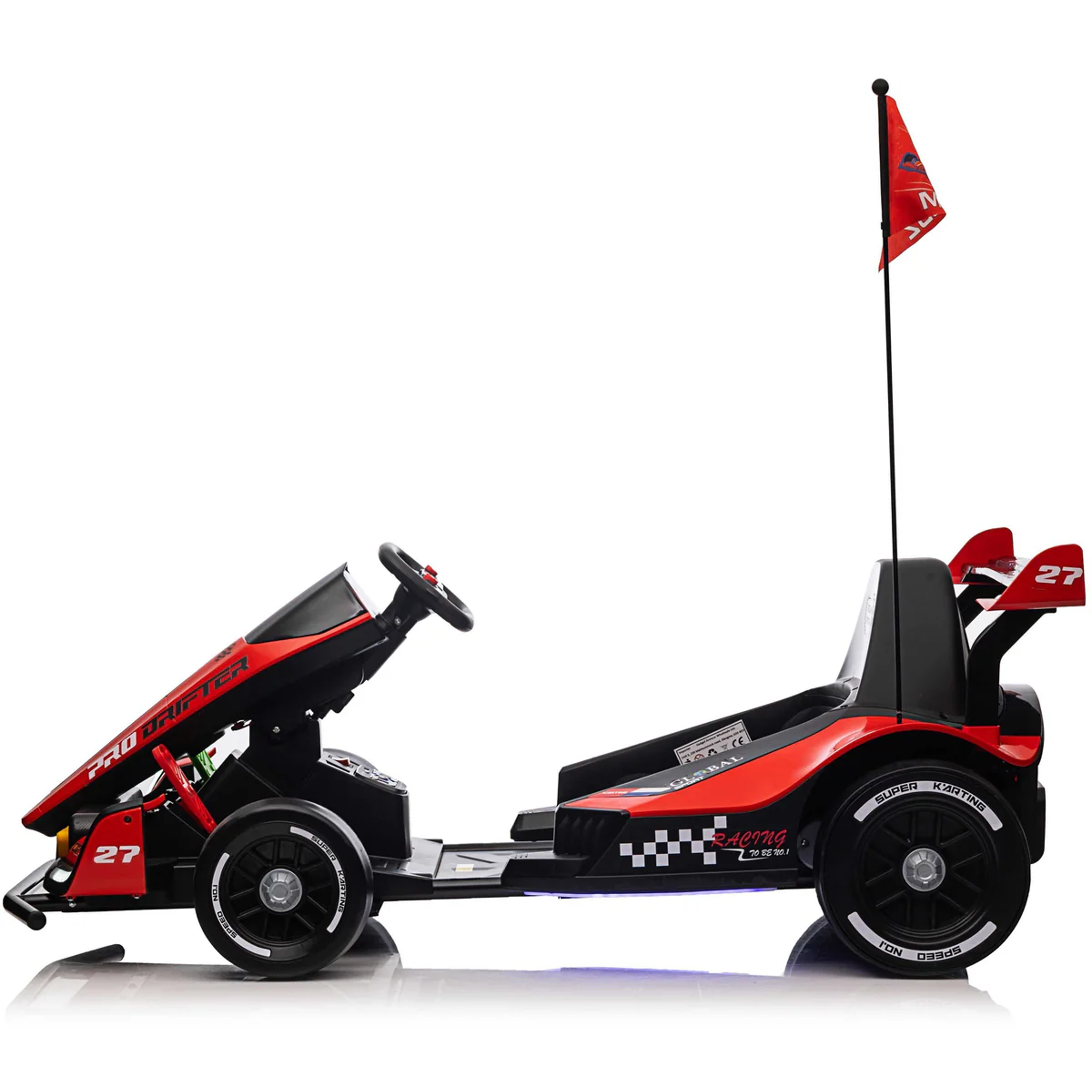 Red and black pedal car with a flag on a white background