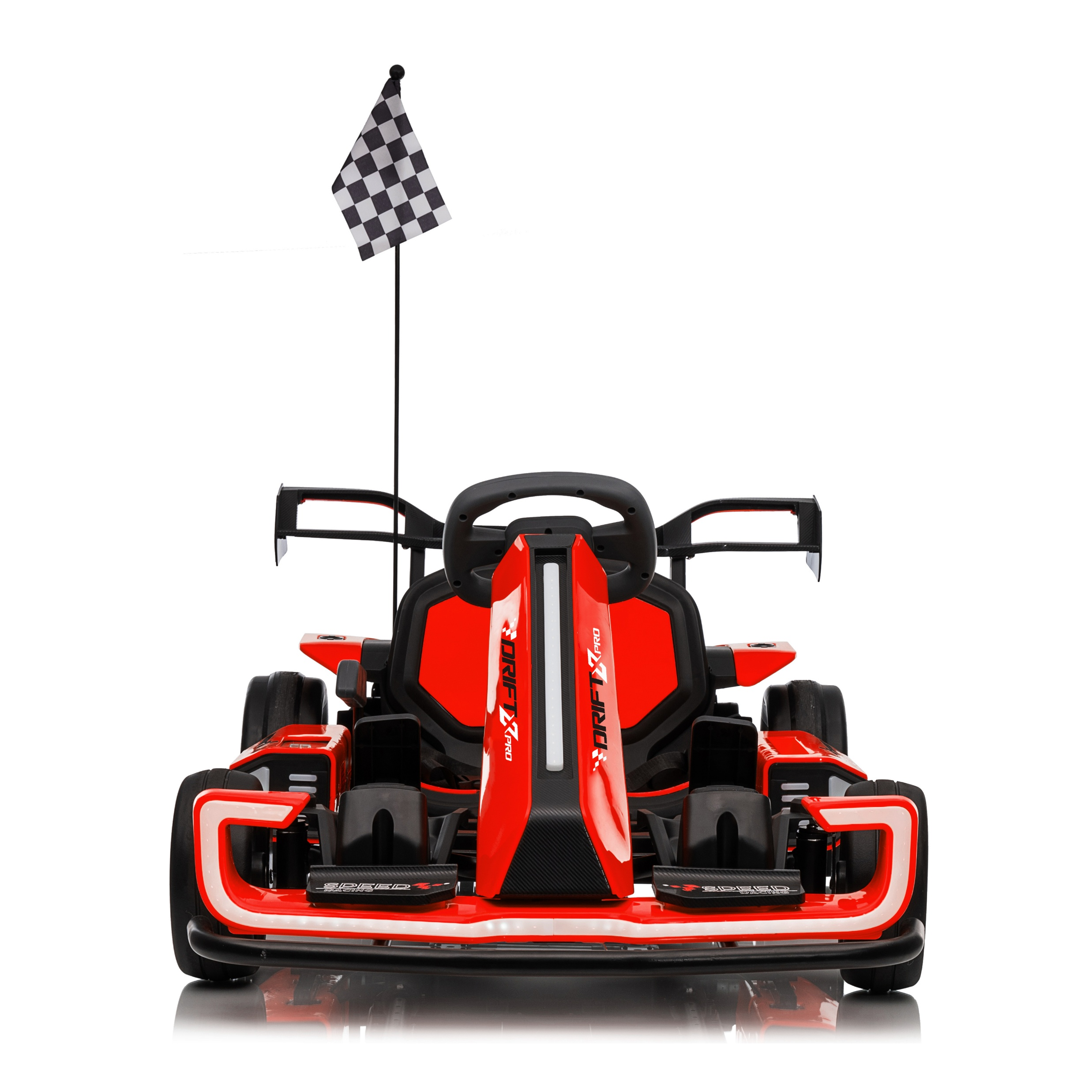 Red and black go-kart with a checkered flag on a white background