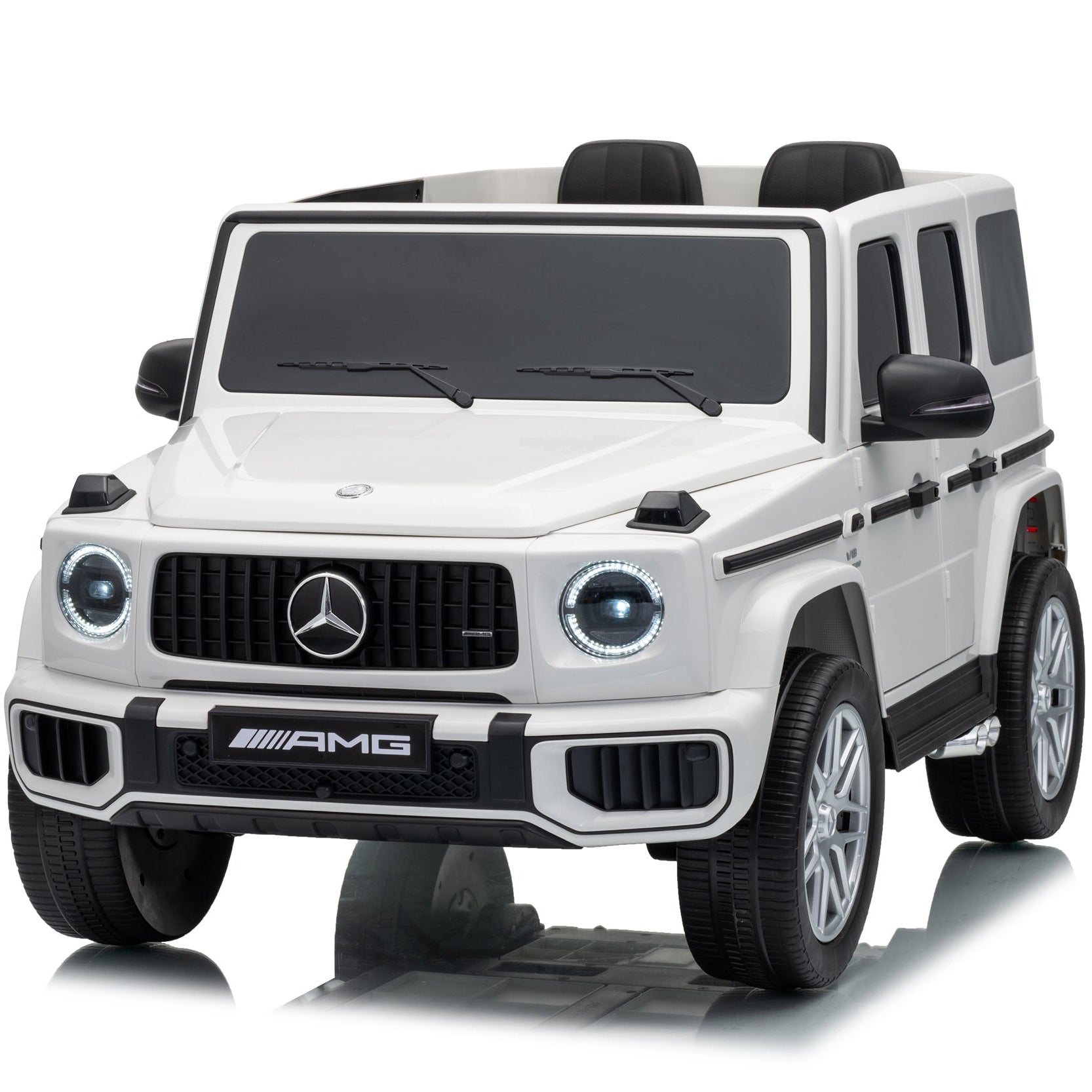 A white Mercedes-Benz AMG G-Class style children's ride-on toy car with black seats, black tires, and a black front grille, shown on a clean white background.