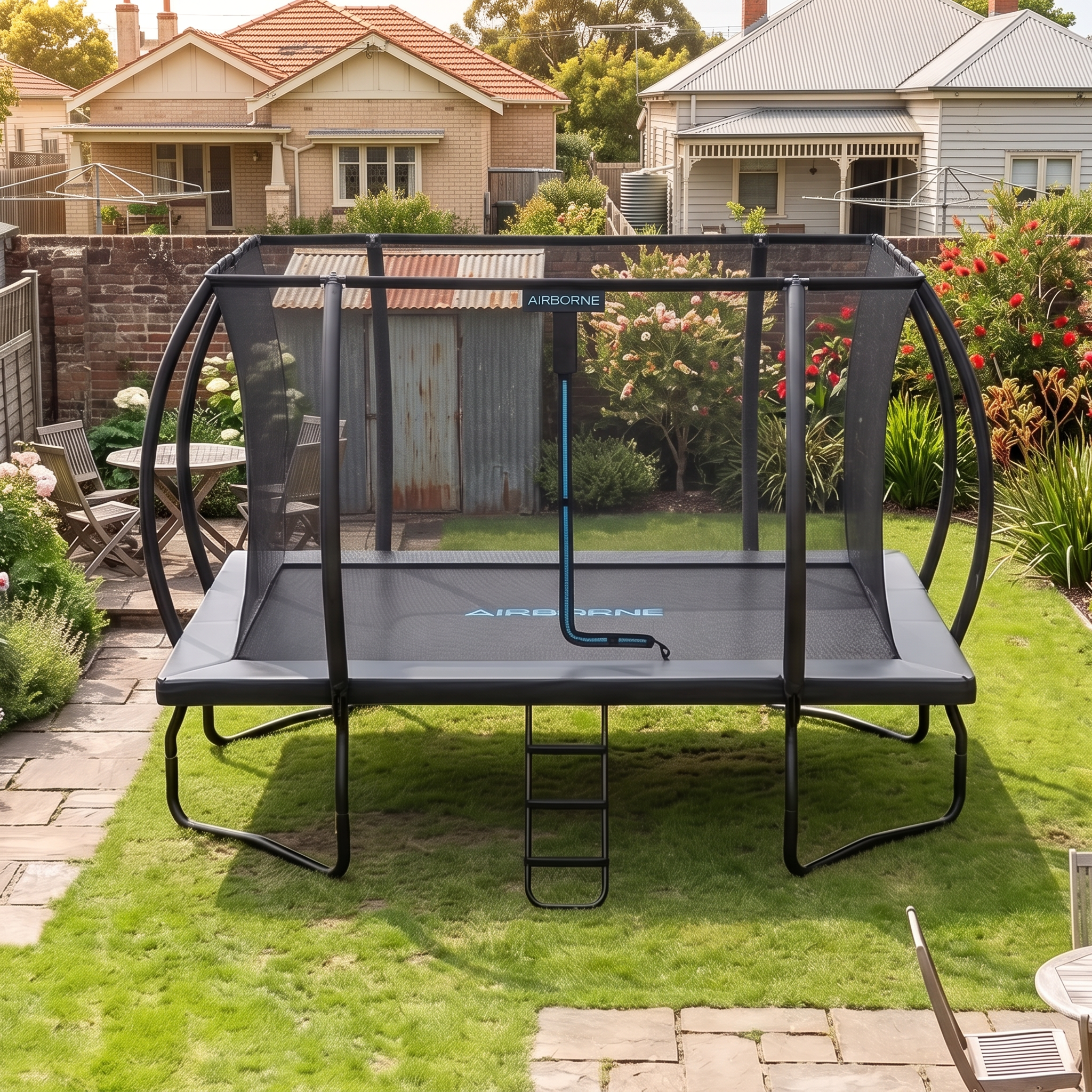 A black Airborne trampoline with a tall black mesh safety enclosure and ladder, set up on a green lawn in a residential backyard.