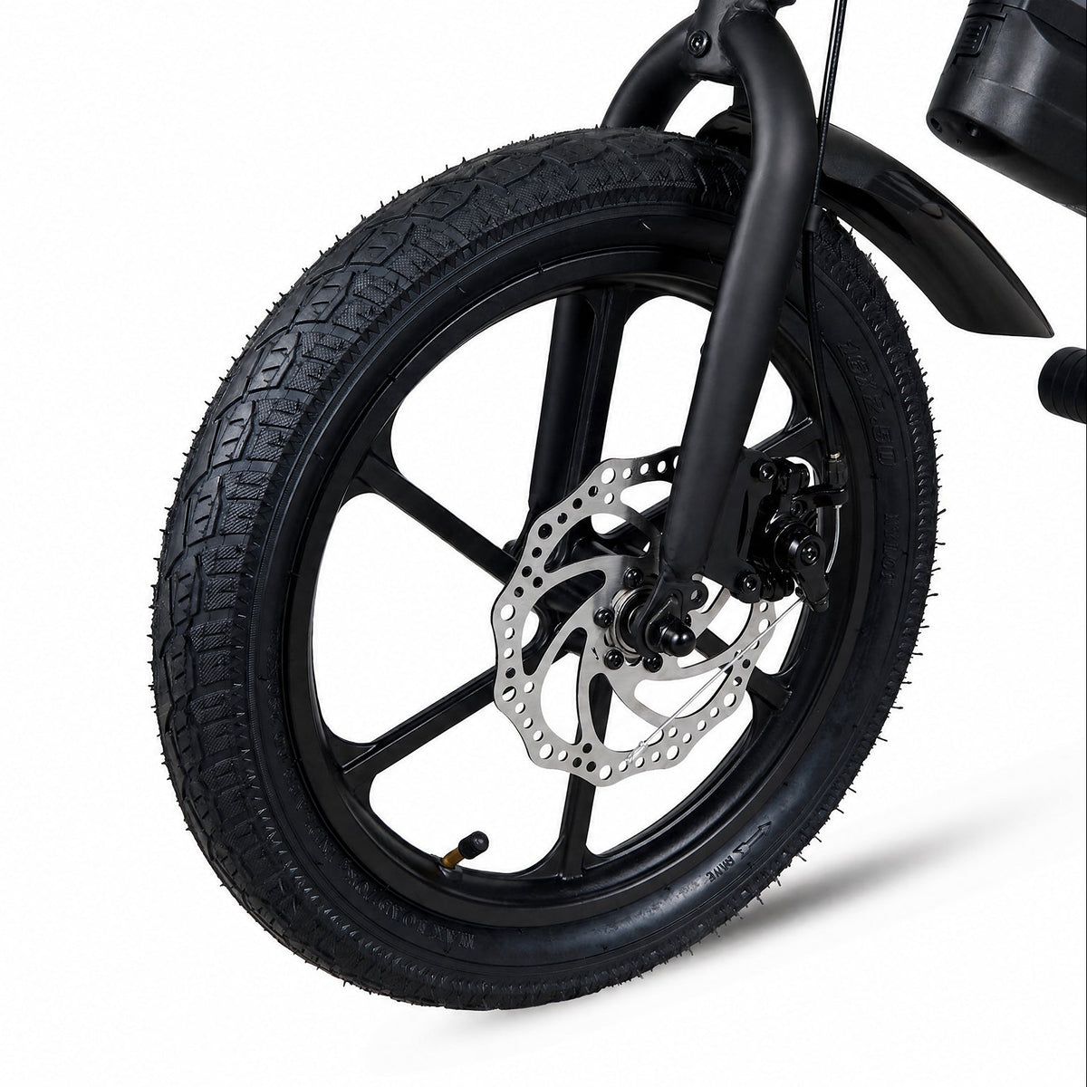 Close-up of a black electric bicycle wheel with a silver disc brake, black fender, and textured tire on a white background.