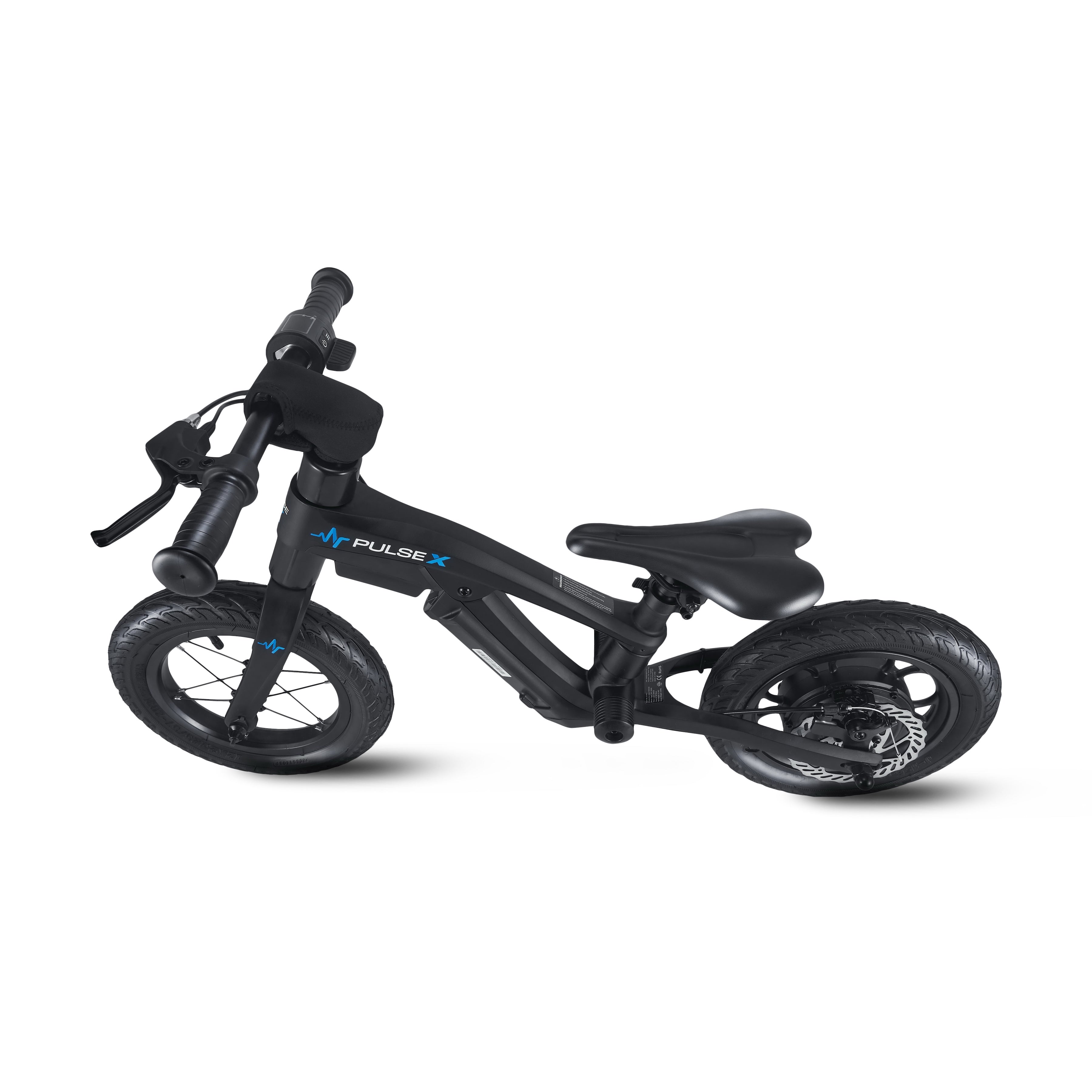 Black balance bike with tricycle design on a white background