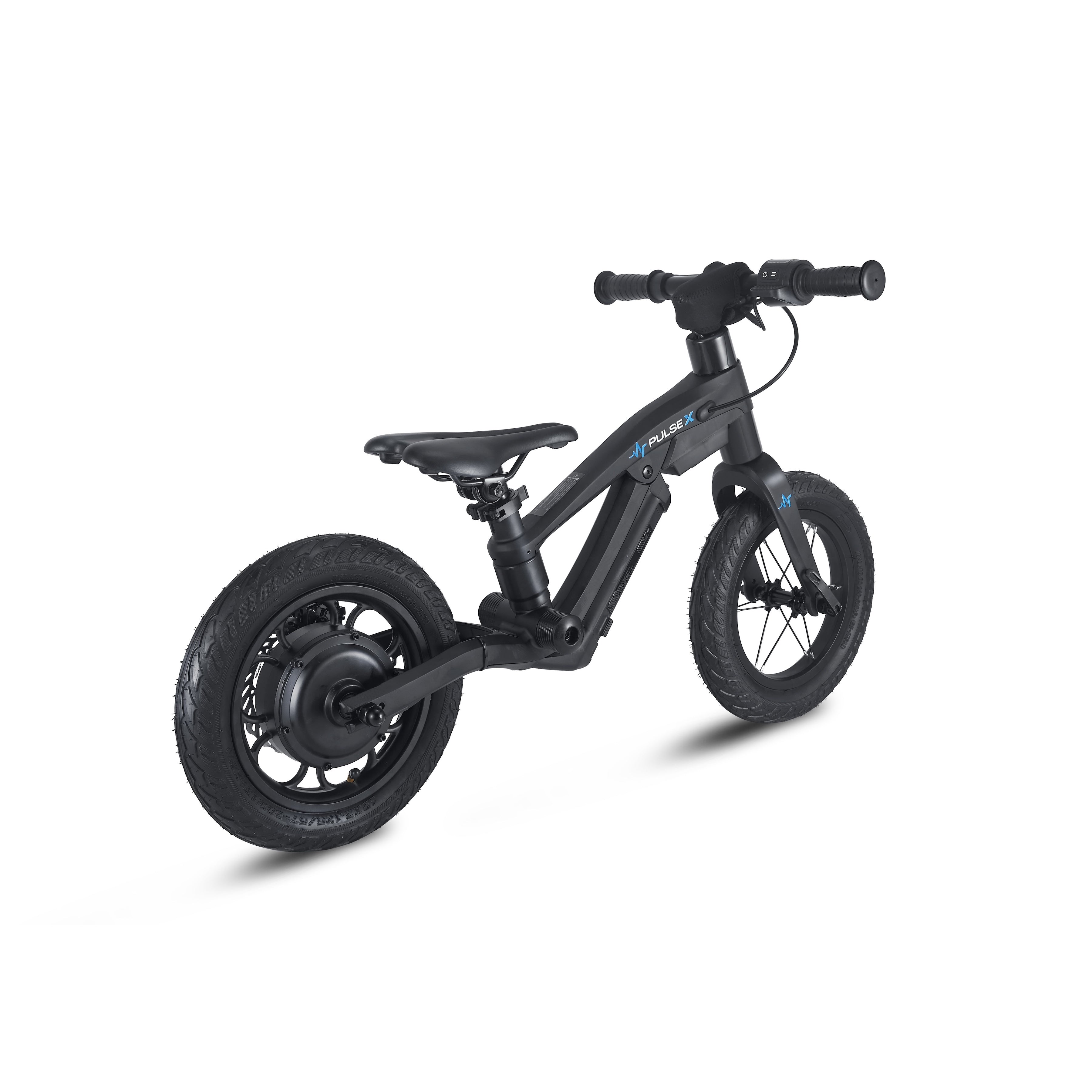 Black balance bike on a white background