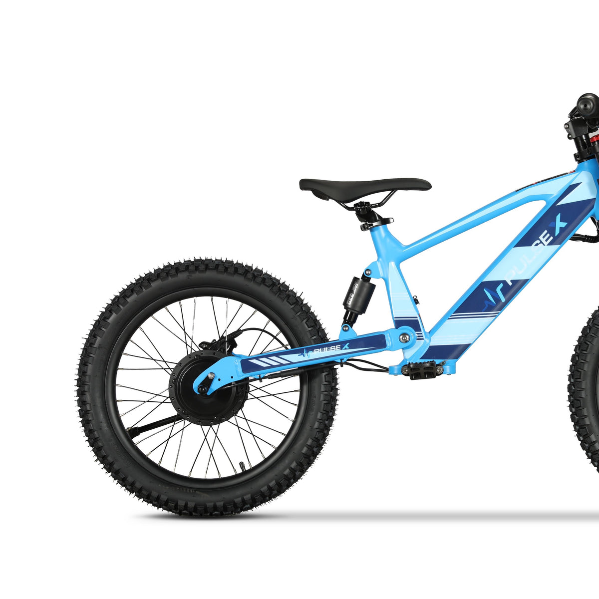 A blue and black electric mountain bike with fat tires, shown in a clean side profile on a white background.