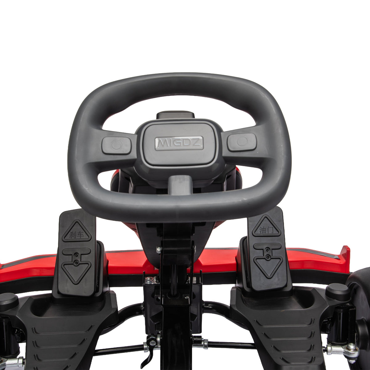Close-up of a red and black electric go-kart steering wheel and foot pedals on a white background.
