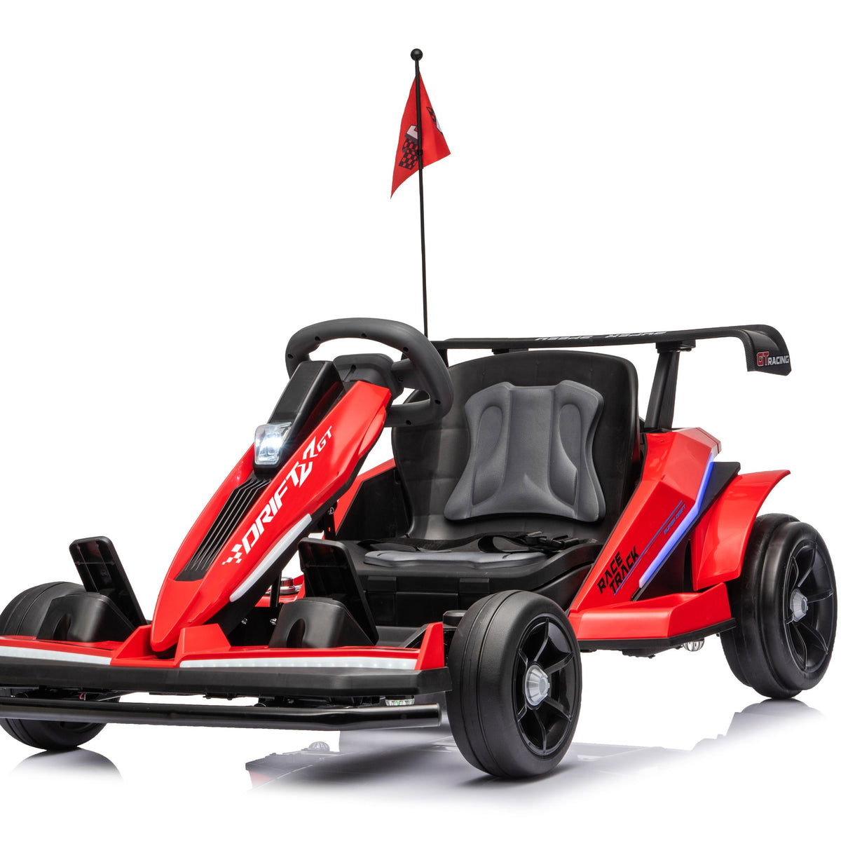 A red and black RC go-kart with a small red flag on a white background.