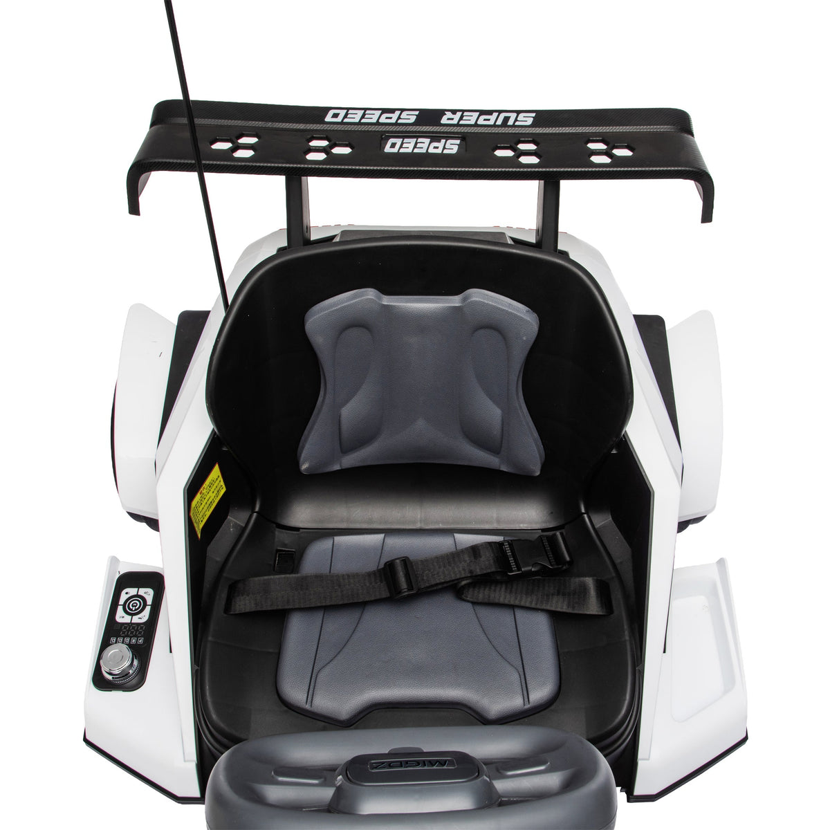 A white and black racing-style seat with a harness, padded backrest, and a black top bar labeled 'SUPER SPEED' on a plain white background.