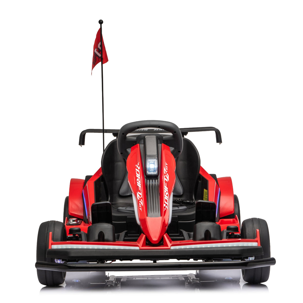 A red and black electric go-kart with a small red flag on a pole, photographed from the rear against a solid white background.