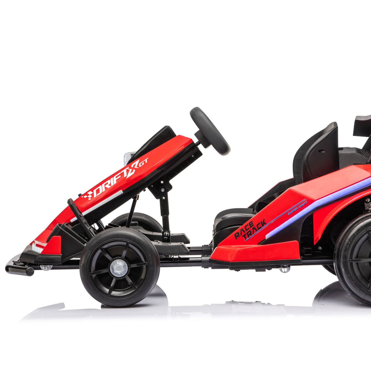 Red and black go-kart with a racing-inspired design, featuring a single black seat, steering wheel, and four wheels, shown from a side profile on a white background.