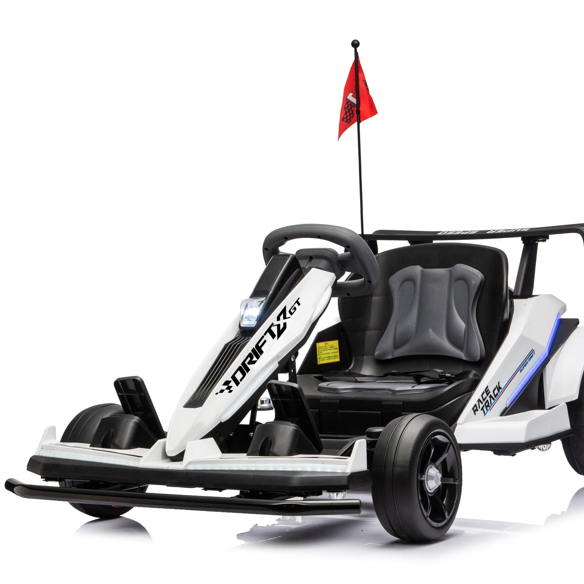 A white and black go-kart with blue accents, featuring a black seat, steering wheel, and a small red flag on a pole, photographed on a clean white background.