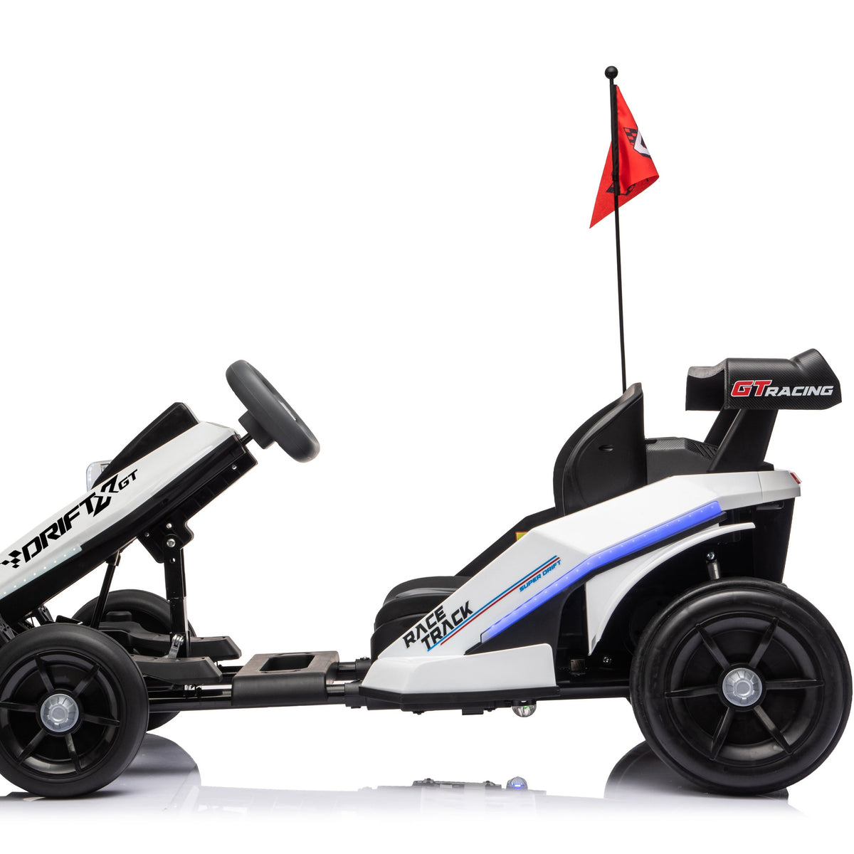 A white and black drift racing go-kart with blue accents, featuring a small red flag on a pole, photographed from a side profile against a white background.