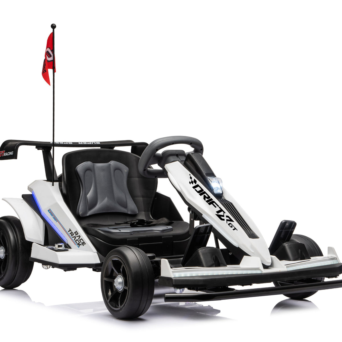 A white and black go-kart with blue accents, featuring a black seat, steering wheel, and a small red flag on a pole, photographed on a clean white background.