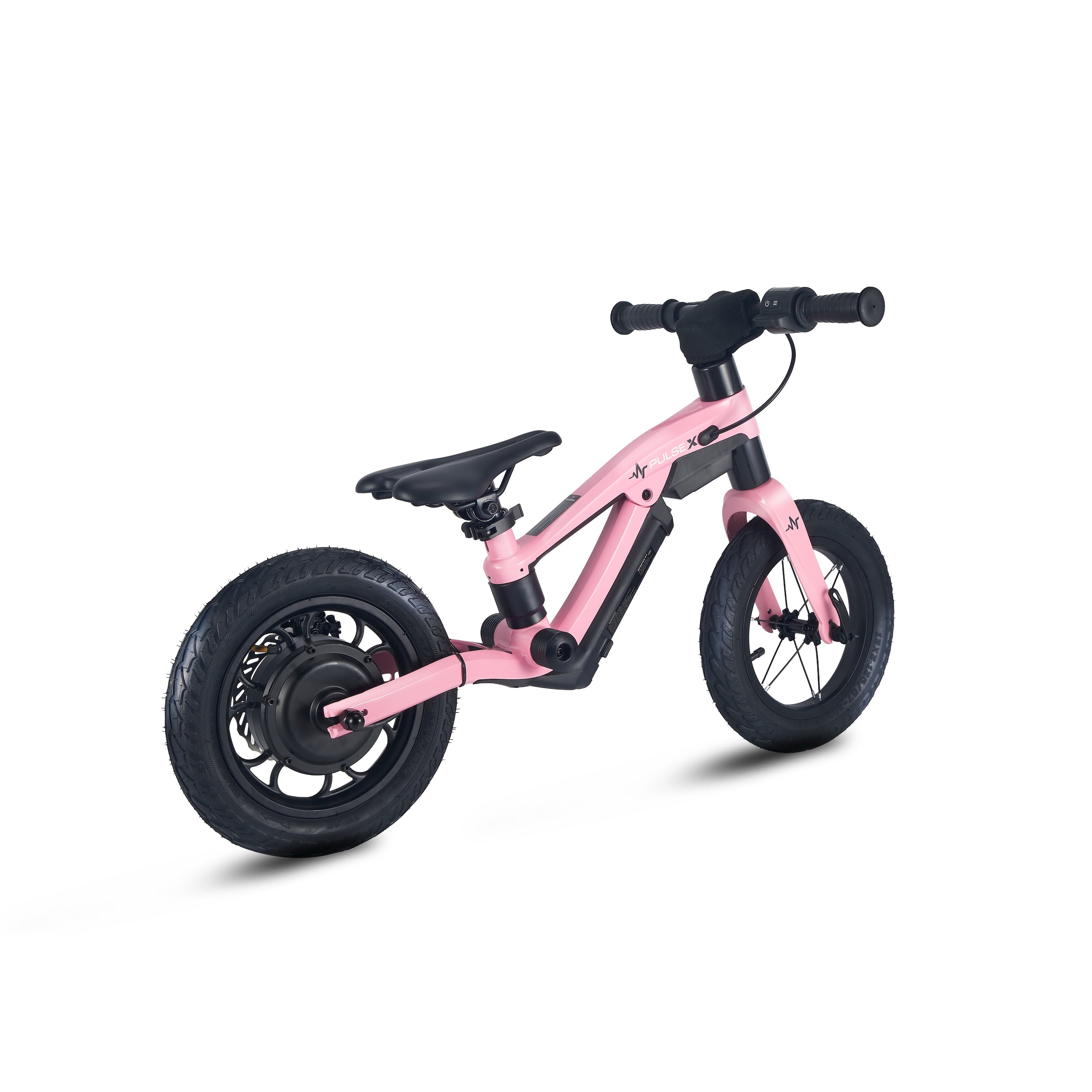 Pink balance bike on a white background