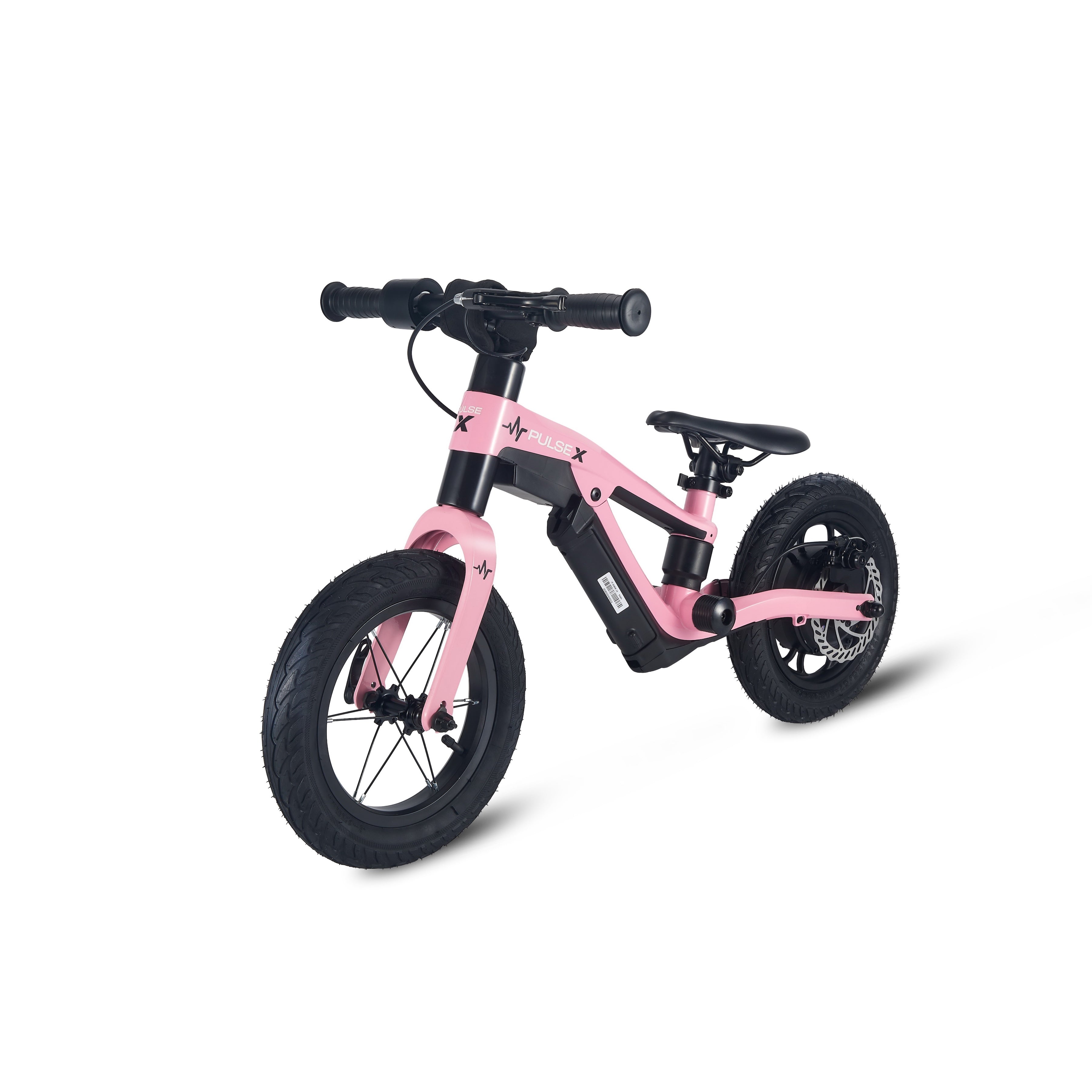 Pink balance bike on a white background