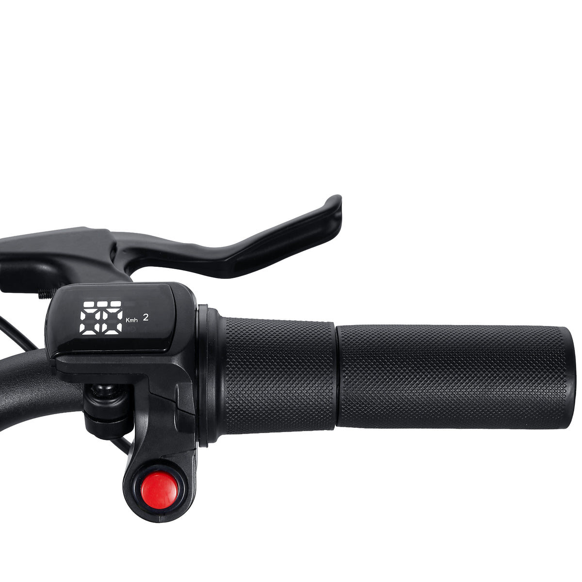 Close-up of a bicycle handlebar with a black brake lever, textured grip, and a small red switch on a white background.