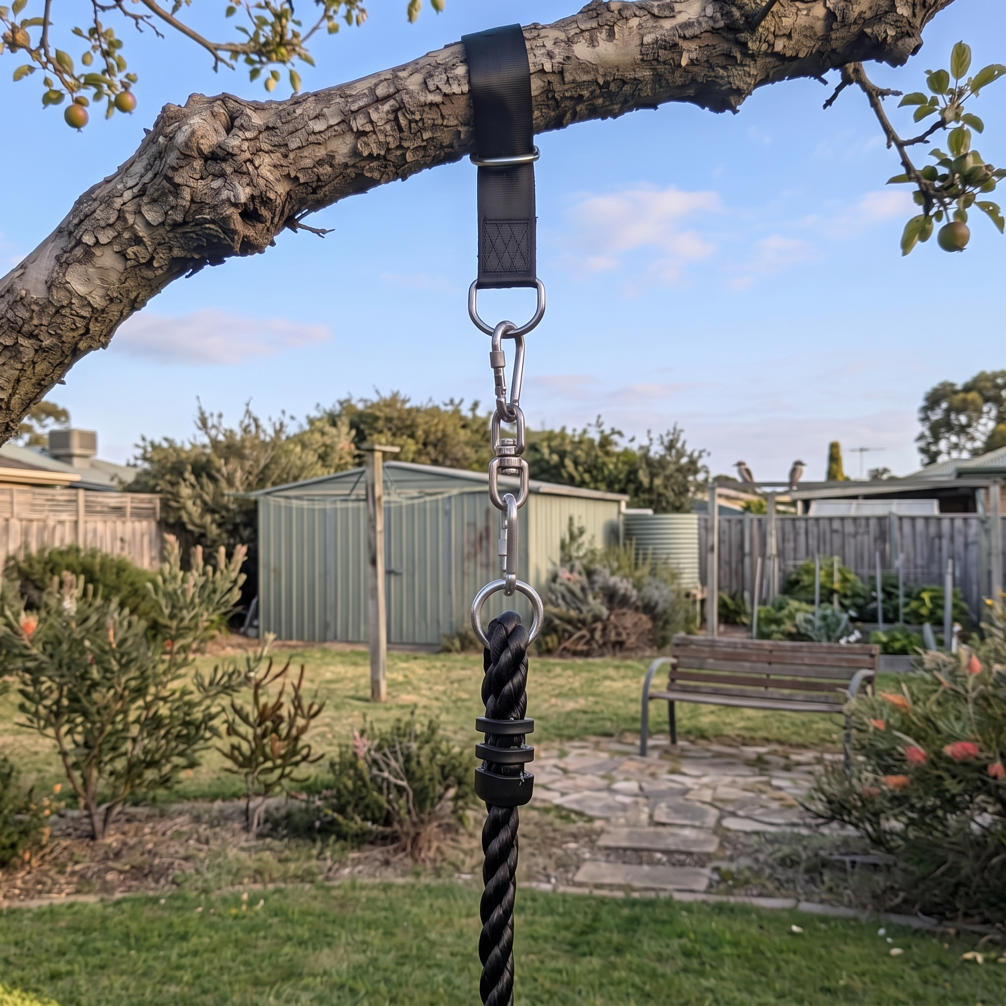 A black rope swing hanging from a tree branch in a backyard, with a black strap and silver metal hardware attached.