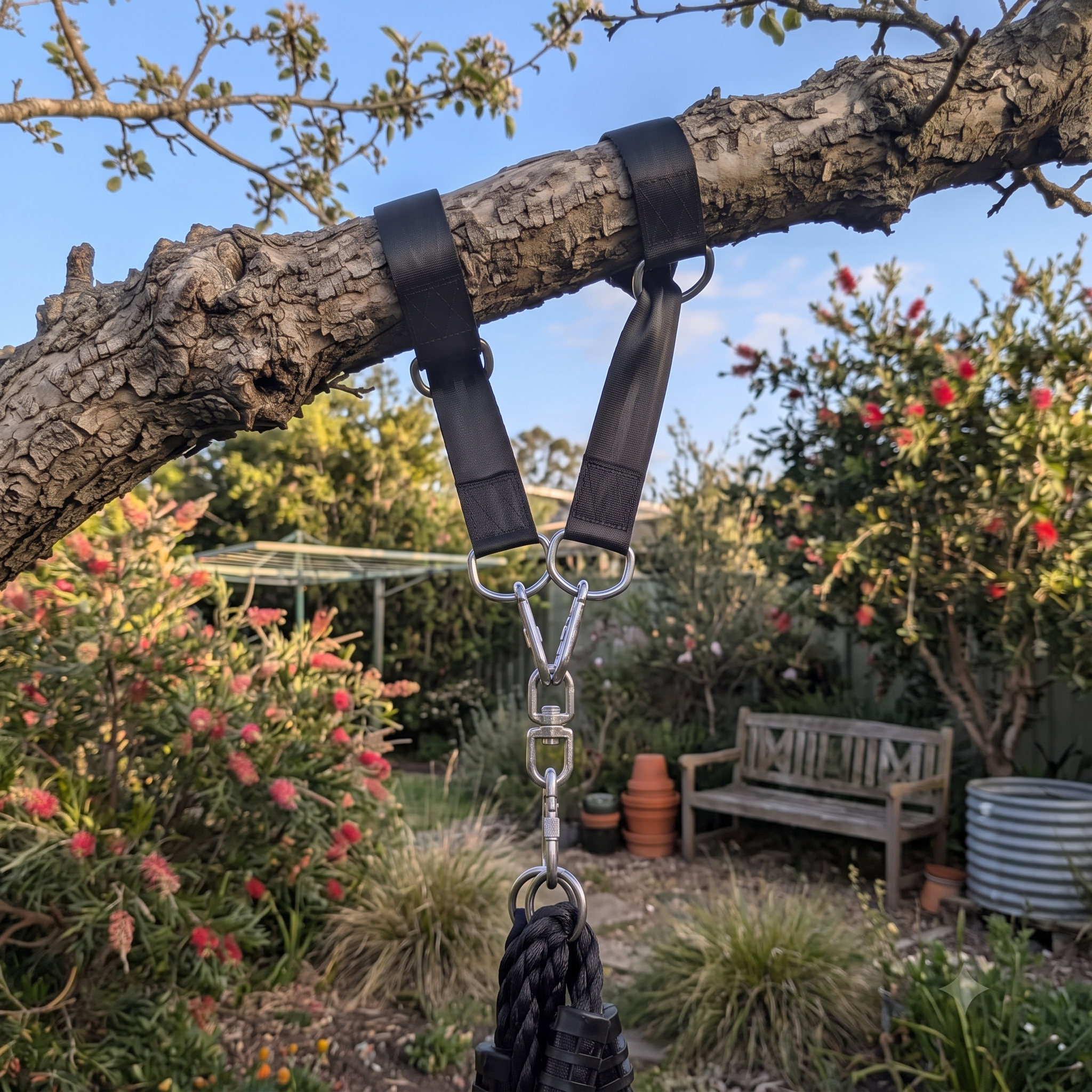 A black harness with silver metal rings and a black rope leash attached, hanging from a tree branch in an outdoor garden setting.