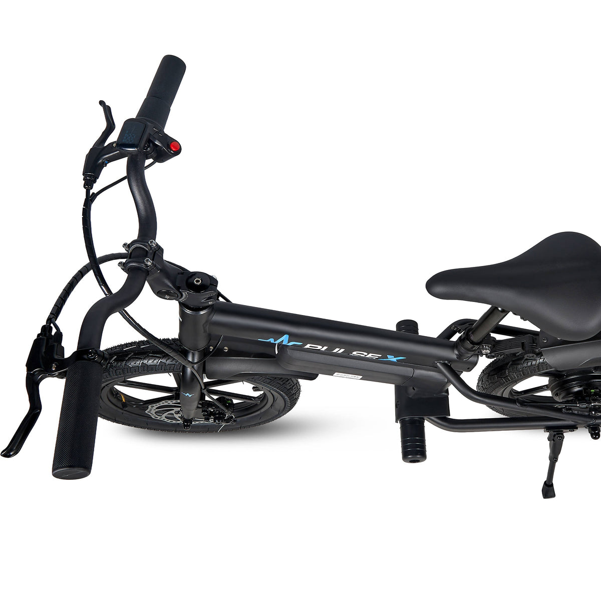 A black folding electric bicycle with a step-through frame, small wheels, a saddle seat, and handlebars, shown on a clean white background.