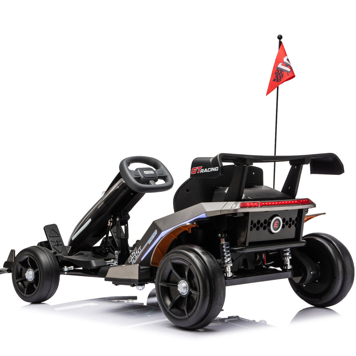 A black go-kart with a roll bar, rear spoiler, and a small red flag on a white background.