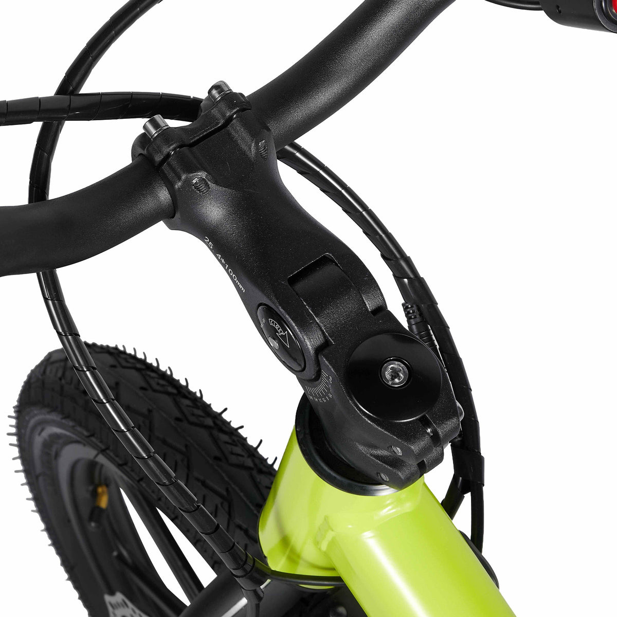 Close-up of a bicycle's black handlebar stem and headset area with a bright lime green frame visible against a white background.