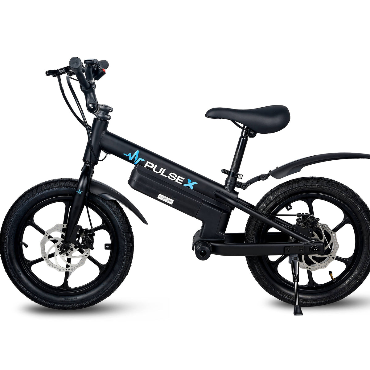 A black Pulse X folding electric bicycle with front and rear disc brakes, shown on a clean white background.