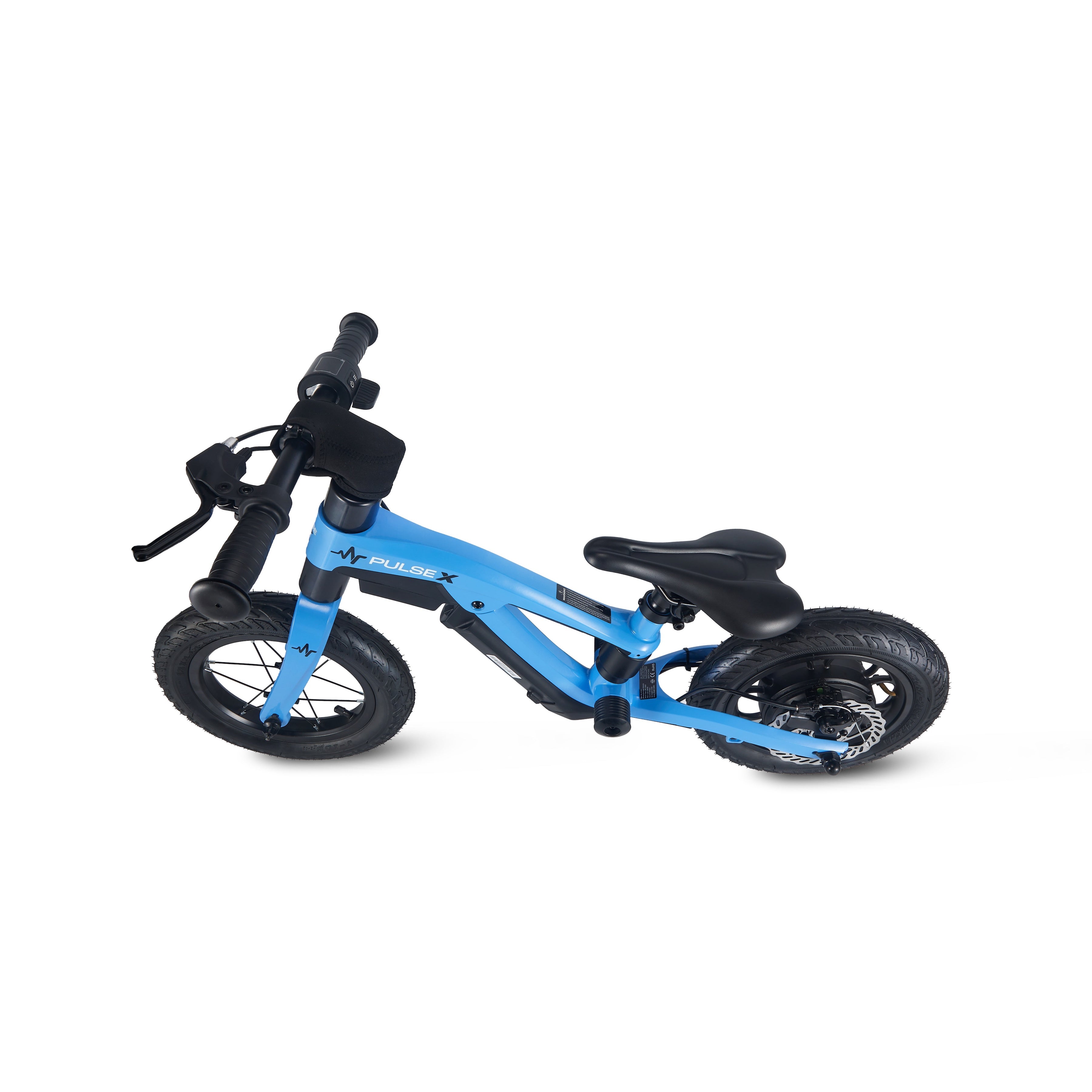 Blue and black balance bike on a white background