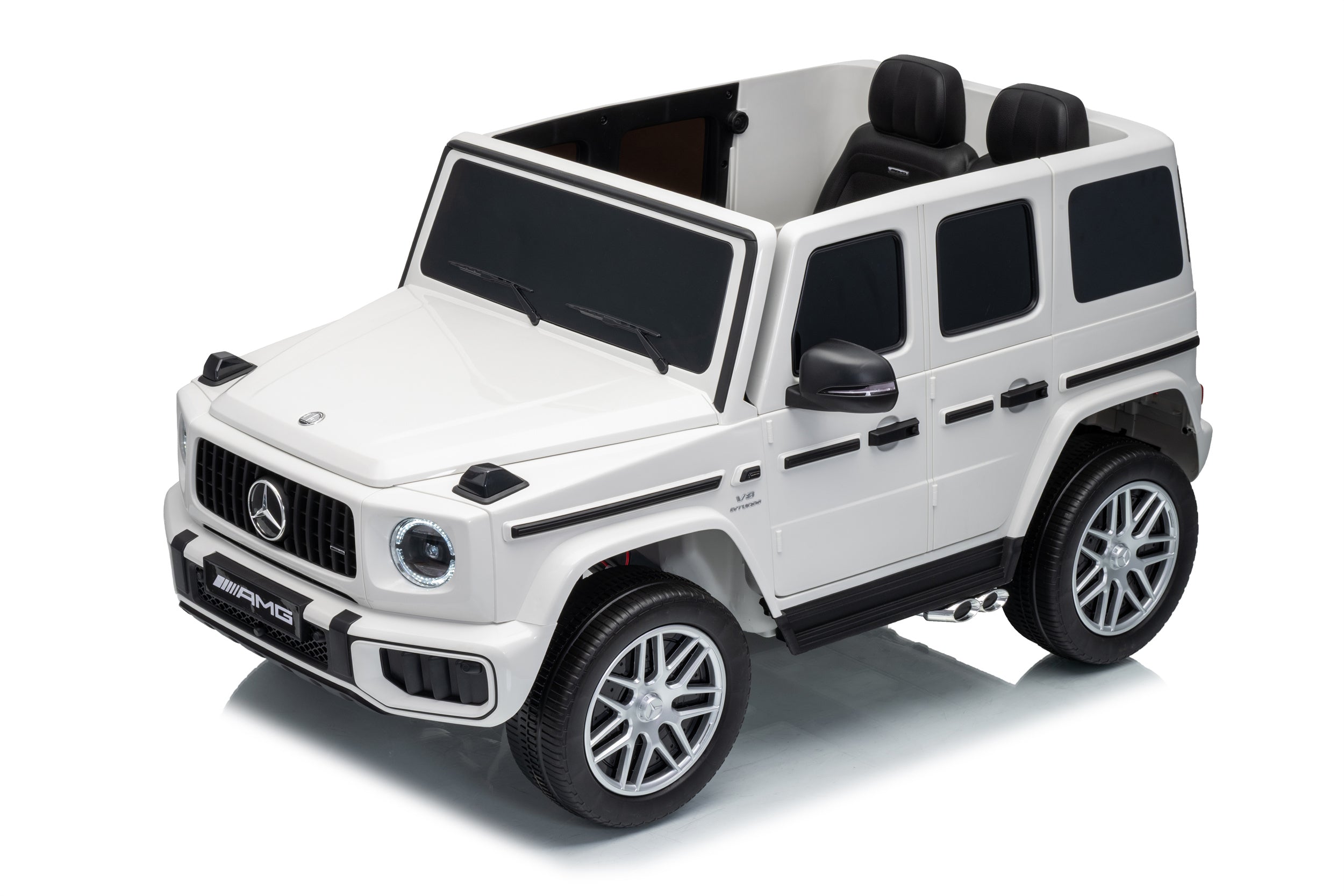A white Mercedes-Benz G-Class style ride-on toy car with black windows, seats, and trim, shown on a clean white background.