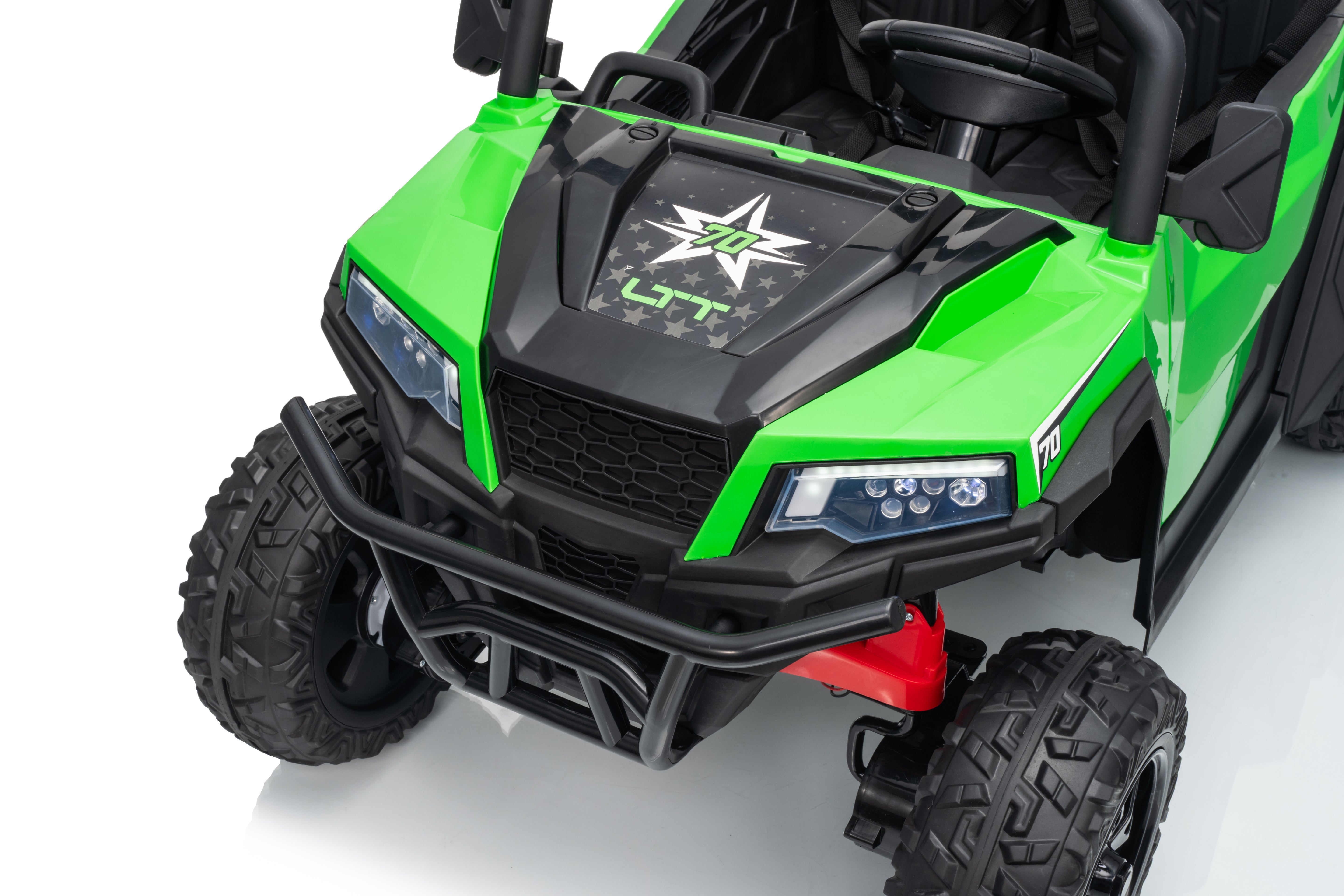 Green off-road vehicle with black accents on a white background