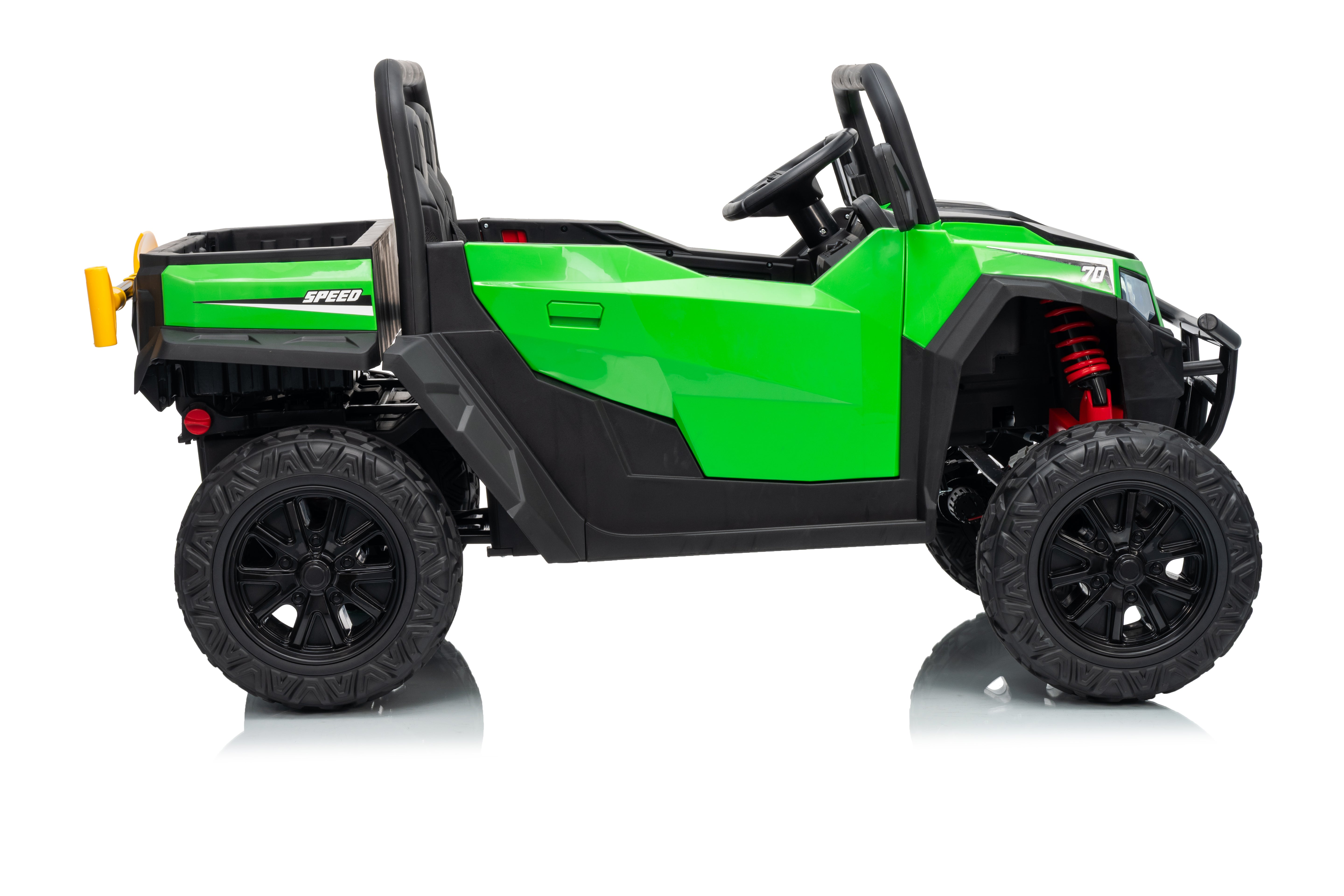 Green and black off-road vehicle on a white background