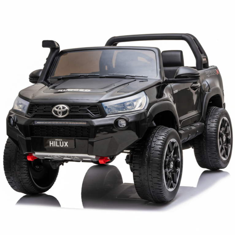 Black toy truck with 'HILUX' branding on a white background