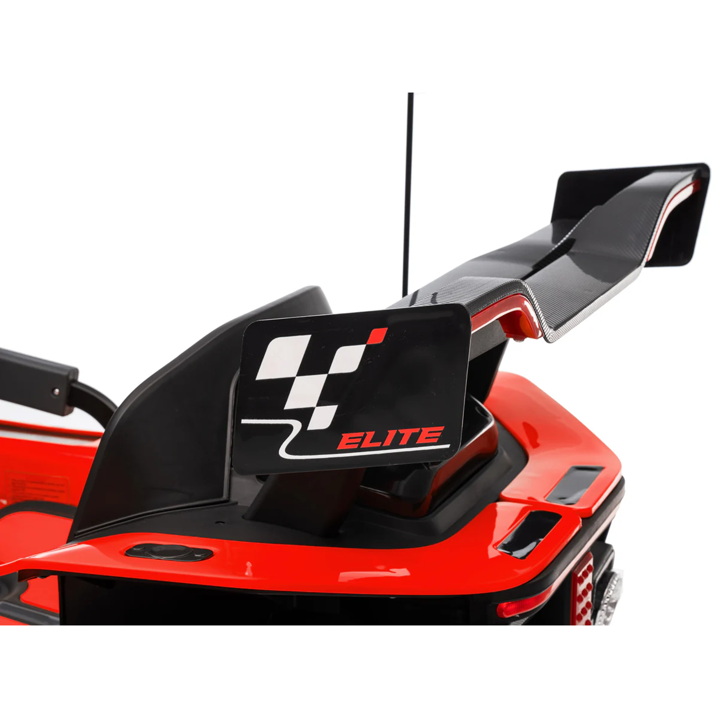 Red toy car with a black wing and 'Elite' logo on a white background
