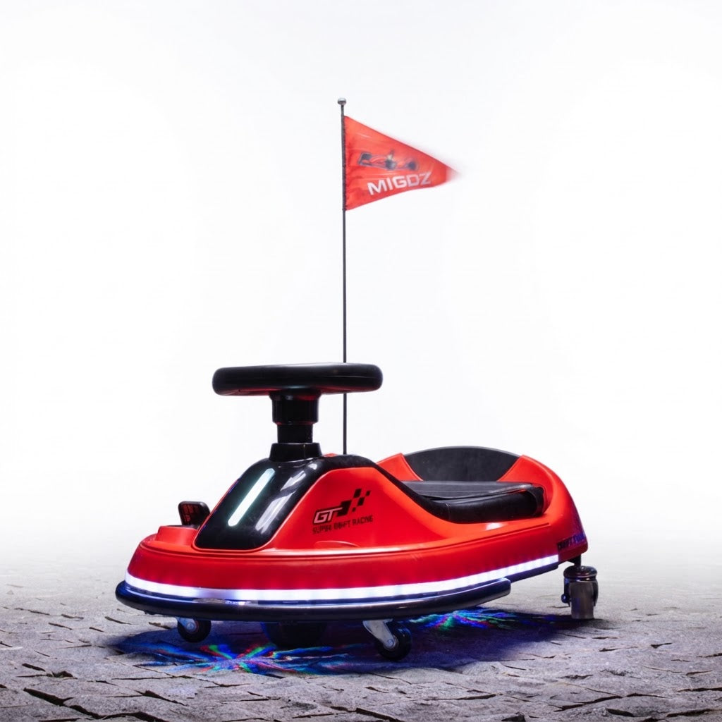 A red and black MG07 electric bumper car toy with a small red MG07 flag on a pole, set on a cobblestone surface against a white studio background.