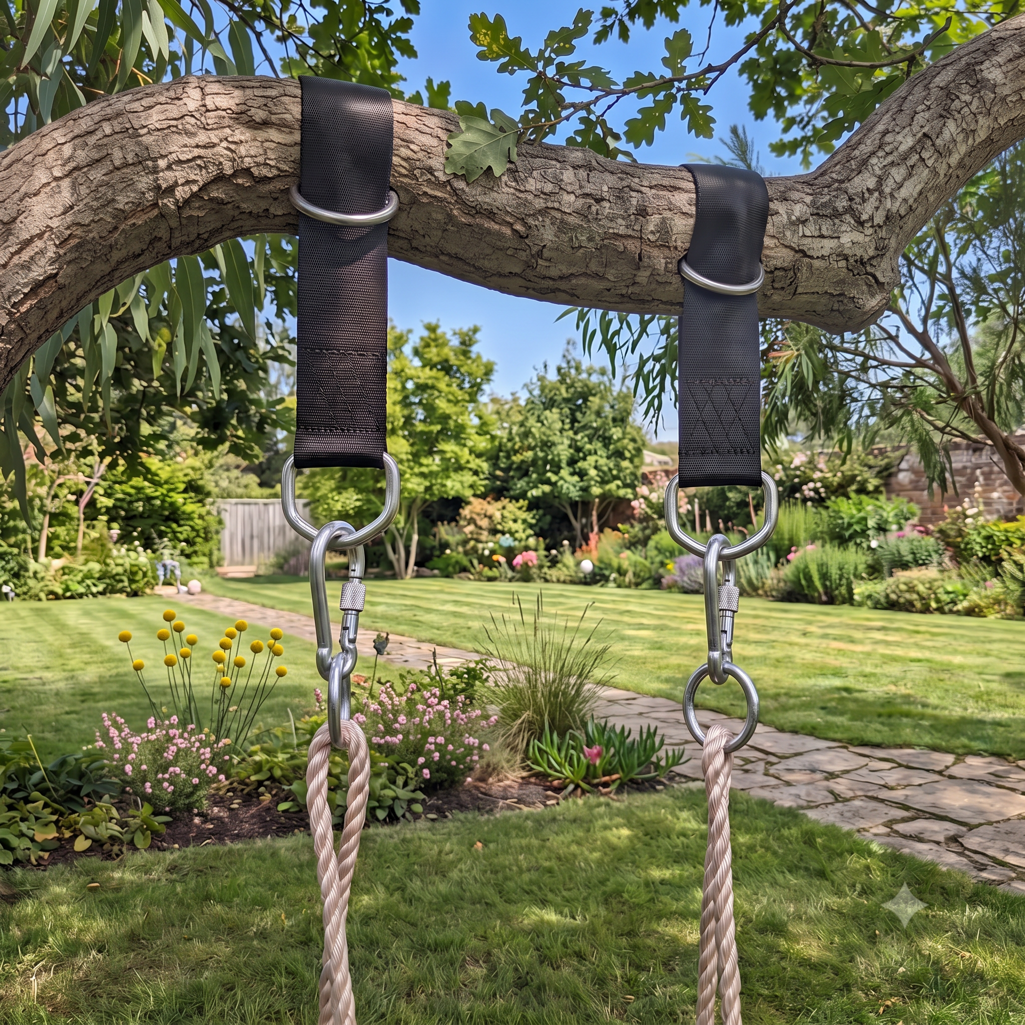 A close-up of a dog swing set outdoors, showing two black leather straps with silver metal rings and clips hanging from a thick tree branch in a green backyard.