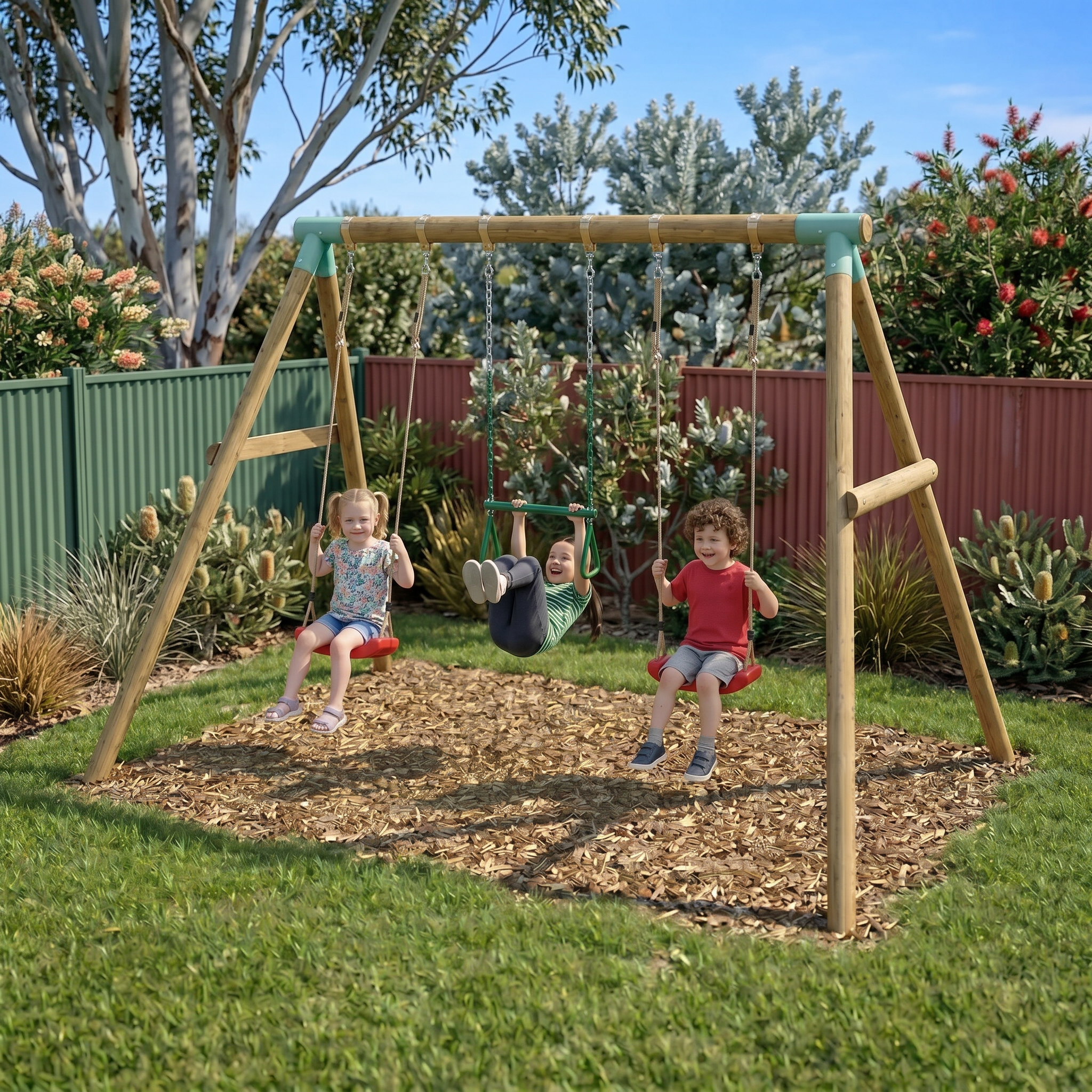 Wild Aussie Triple Wooden Swing & Trapeze Bar Set