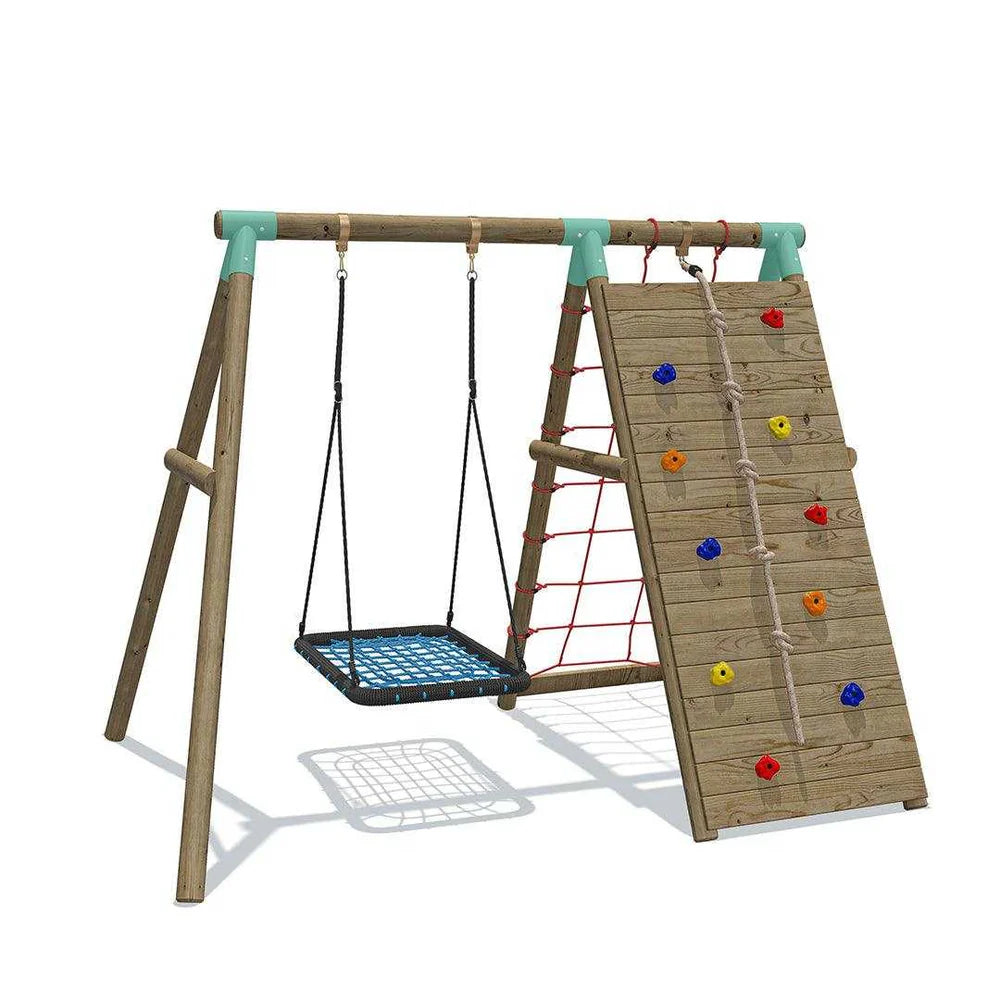 Wooden swing climbing wall with red climbing net. Blue net swing 
