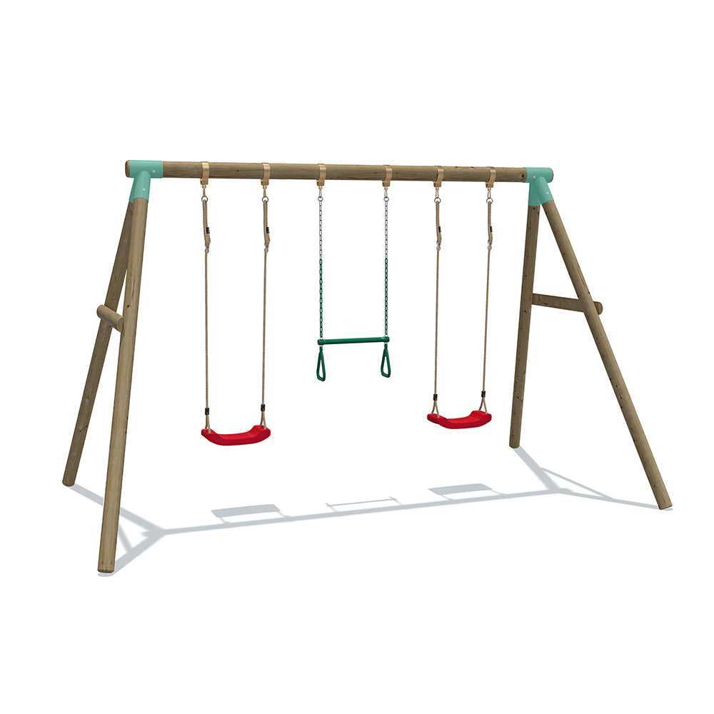 Wild Aussie triple wooden swing set with trapeze green colour, red seat, green seat pink seat orange seat and blue seat