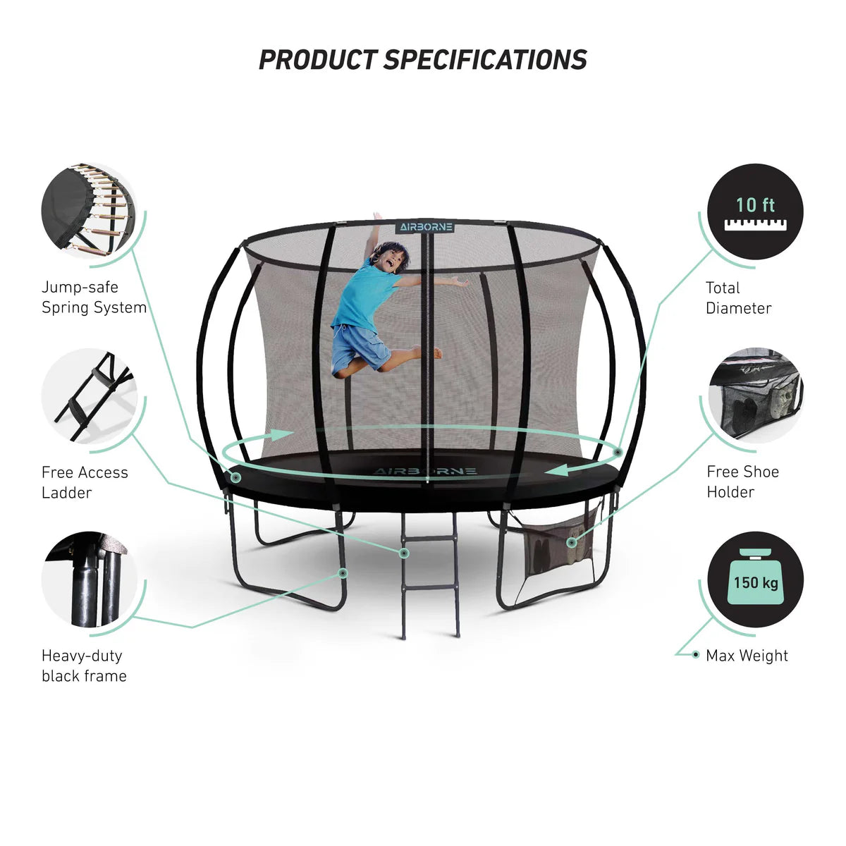 10ft Airborne Trampoline with Access Ladder & Shoe Storage
